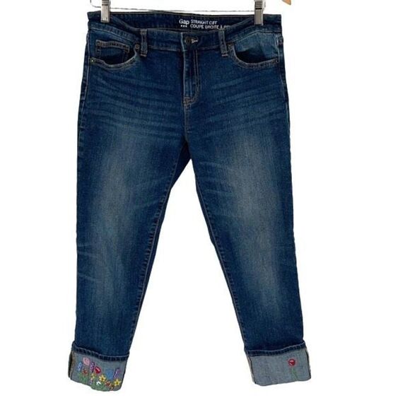 Gap Womens Floral Embroidered Hem Straight Cuff Cropped Jeans  Blue Size 8R‎ - Picture 1 of 11